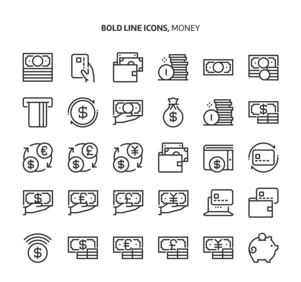 Money Bold Line Icons Illustrations Vector Editable Stroke 48X48 Pixel — Wektor stockowy