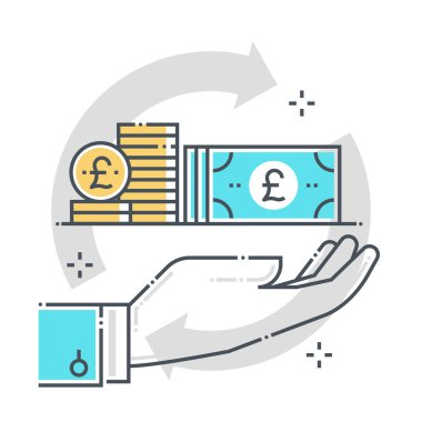 Yatırım bağlantılı renk çizgisi vektör simgesi, illüstrasyon. İkonun konusu kazanç, finans, el, para, ödeme, geri ödeme, gelir. Bileşimi sınırsız ölçekte..