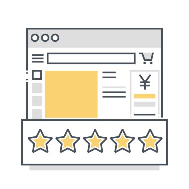 İlgili renk çizgisi vektör simgesi, illüstrasyonunu gözden geçirir. İkonun konusu taahhütler, geri bildirim, dükkan, tarayıcı, katılım ve yorumlar. Bileşimi sınırsız ölçekte..