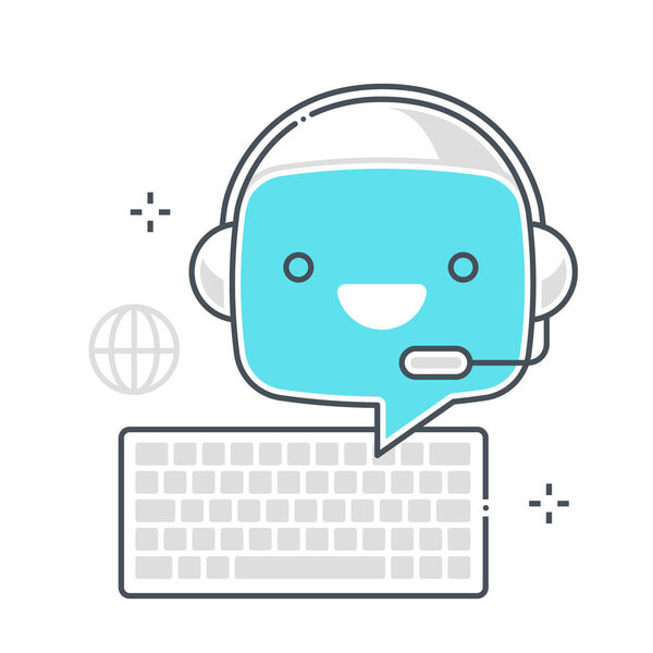 Chat bot related, color line, vector icon, illustration set. Декорации посвящены машинному обучению, искусственному интеллекту, торговле, робототехнике. Композиция бесконечно масштабируема.