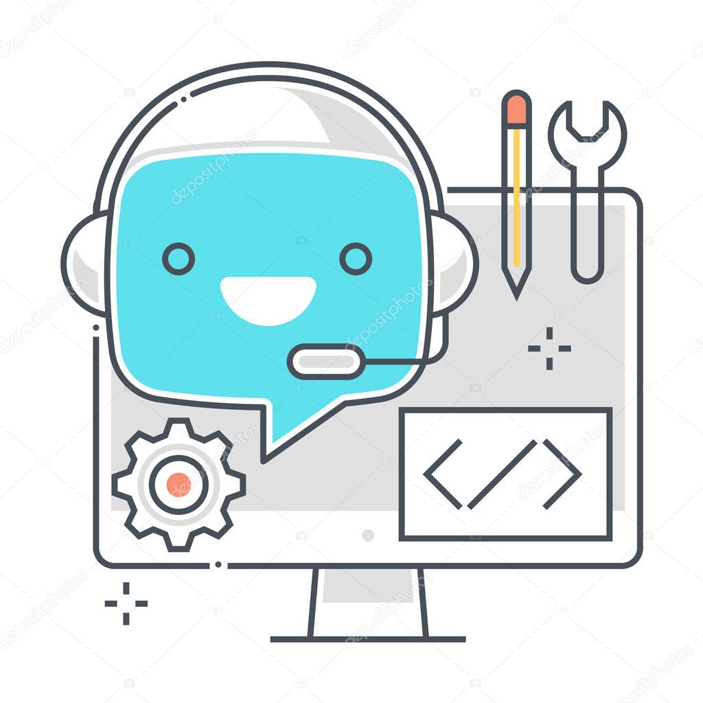 Chat bot related, color line, vector icon, illustration set. The set is about machine learning, artificial Intelligence, commerce, Robotics. The composition is infinitely scalable.
