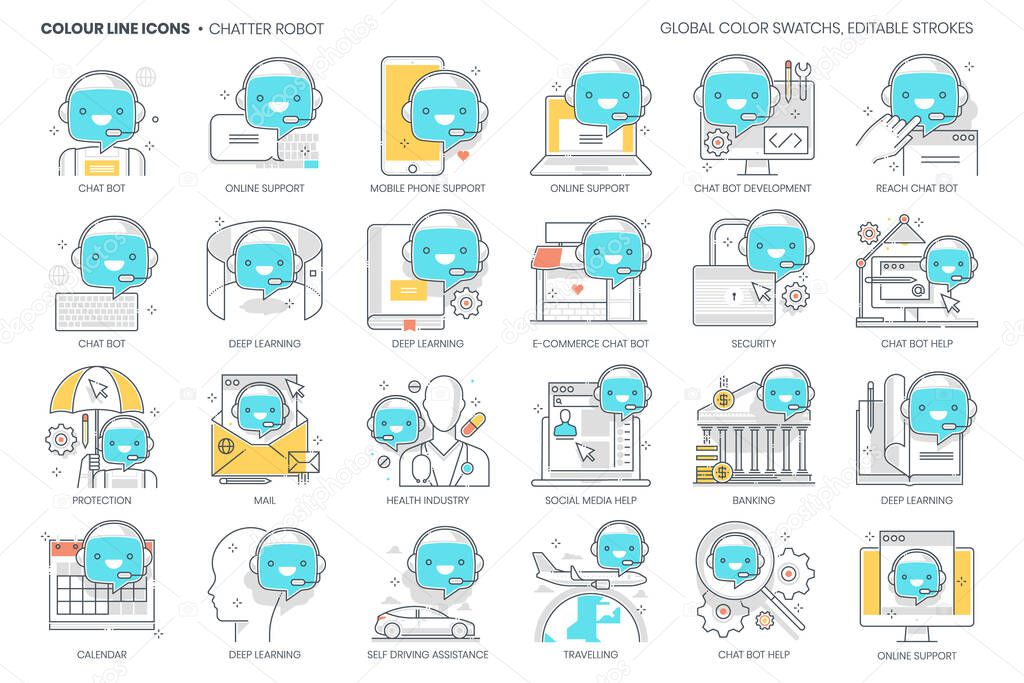 Chatter robot related, color line, vector icon, illustration set. The set is about messenger, virtual assistant, cyborg, computer, chat bot, support, artificial interface, call center.