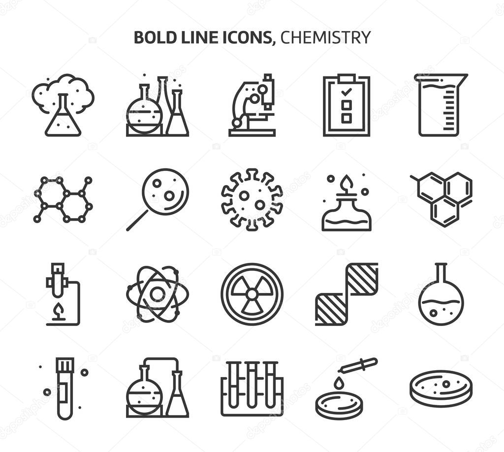 Chemistry, bold line icons. The illustrations are a vector, editable stroke, 48x48 pixel perfect files. Crafted with precision and eye for quality.