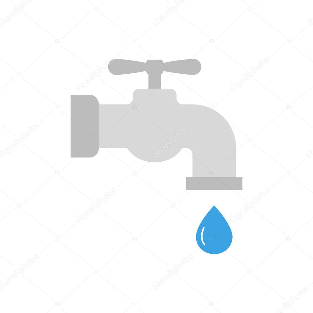 Flat icon metal water tap with a drop of water isolated on white background. Vector illustration.