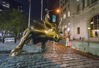 New York, ABD. 8-31-17: Gece vakti Manhattan, New York 'ta boğaya hücum.