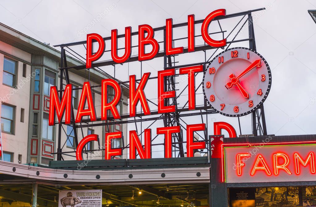 Seattle,Washington,usa. 02/06/17: Pike place market with reflection on the ground  at night..