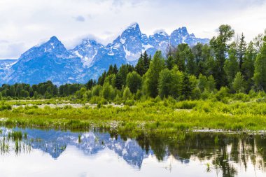 Grand Teton Ulusal Parkı Nehirdeki yansımasıyla.