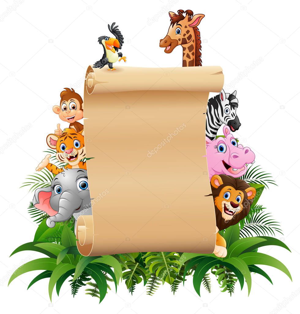 Illustration of animals with a blank sign paper
