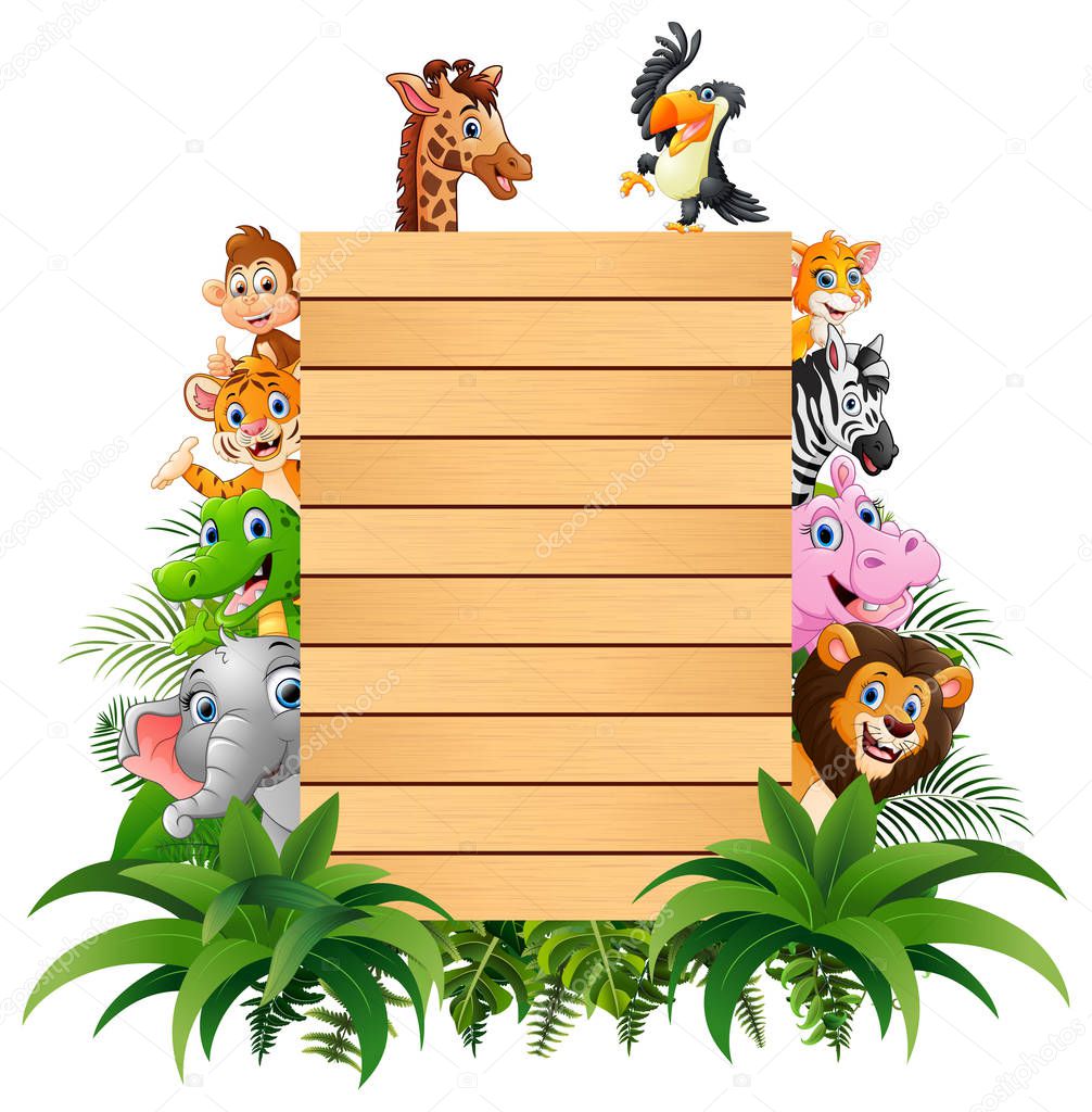 Illustration of animals with a blank sign wood