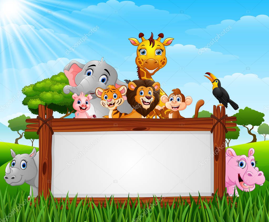 Illustration of Animals with board blank sign