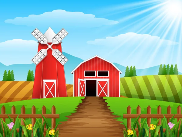 Illustrazione Del Paesaggio Agricolo Con Capannone Mulino Vento Rosso — Vettoriale Stock