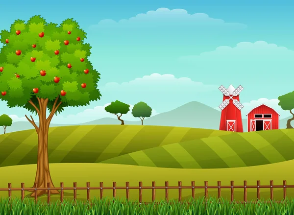 Illustrazione Del Paesaggio Agricolo Con Capannone Mulino Vento Rosso — Vettoriale Stock