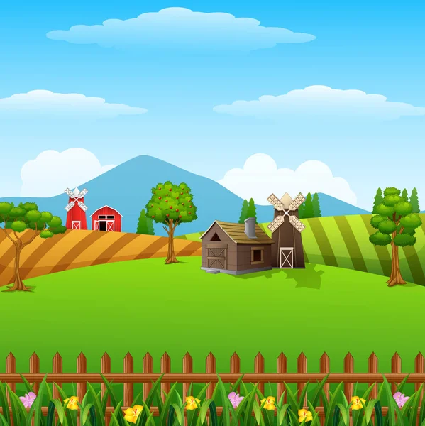 农场风景的例证与棚子和褐色风车 — 图库矢量图片