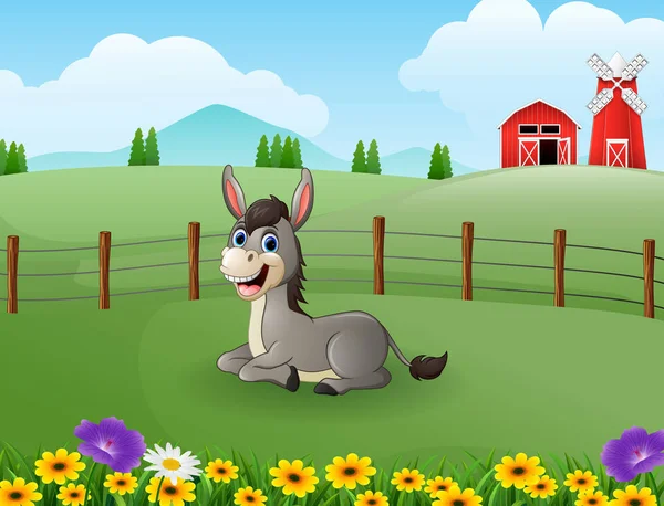 Illustration of happy donkey cartoon in the farm with green field