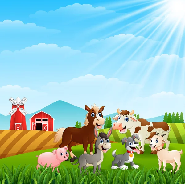 Иллюстрация Счастливых Животных Фермерском Фоне — стоковый вектор