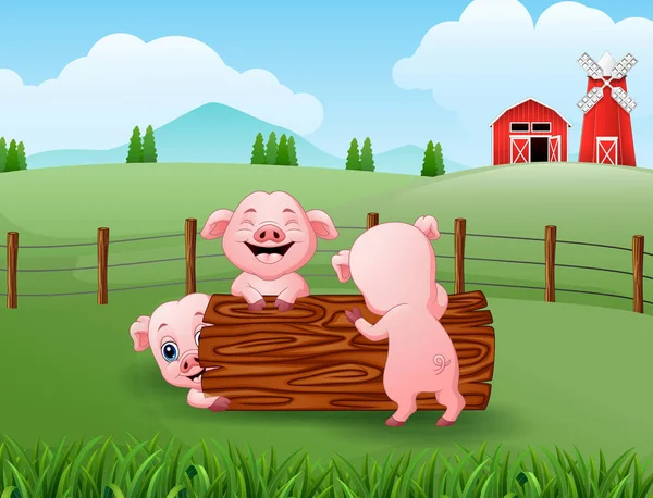 Illustration Trois Petits Cochons Jouant Dans Ferme — Image vectorielle