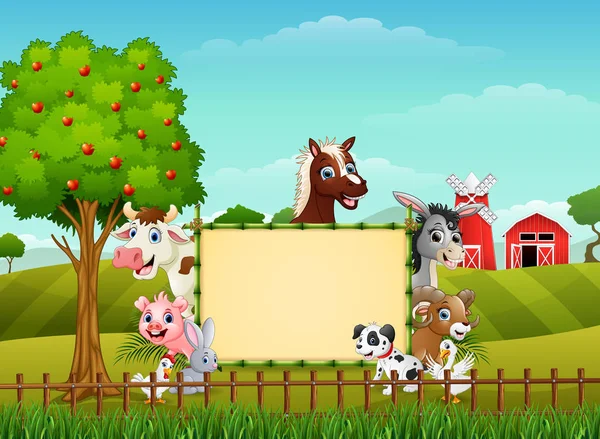 Illustration Farm Animals Blank Sign Bamboo — Stock Vector