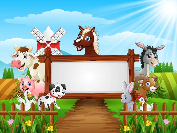Vector Illustration Farm Animals Blank Sign Wood — Stock Vector