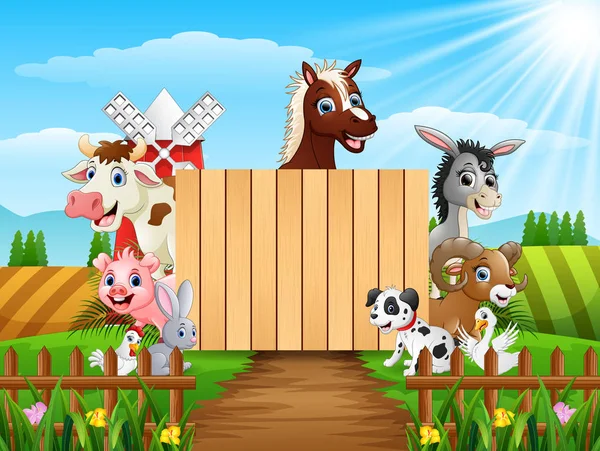 Illustration Farm Animals Blank Sign Wood — Stock Vector