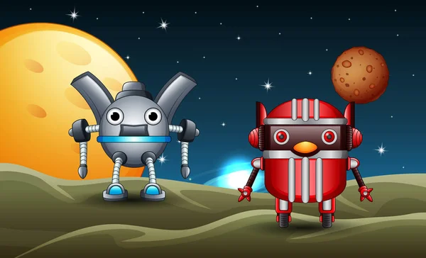 Ilustración Dos Robots Juntos Aterrizaron Luna — Vector de stock