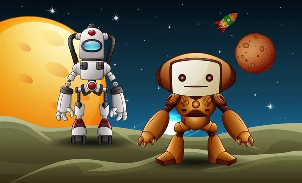 Ilustración Dos Robots Juntos Aterrizaron Luna — Vector de stock