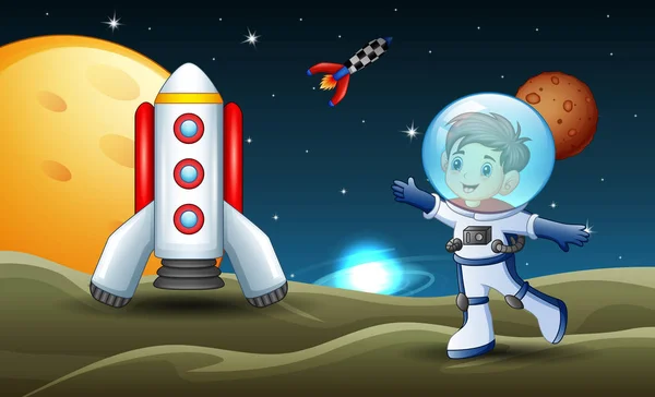 Illustration Von Astronauten Und Rakete Auf Dem Mond Gelandet — Stockvektor