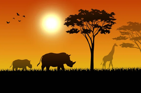 Ilustração Silhueta Rinocerontes Savana —  Vetores de Stock