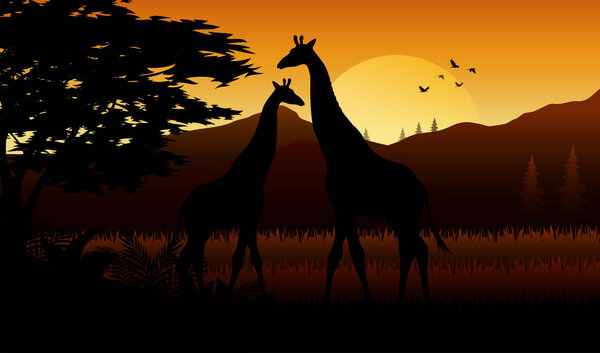 Illustration of silhouette of giraffe at savanah