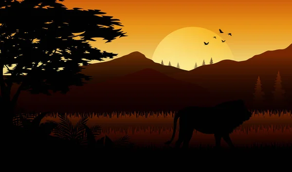 Illustration Silhouette Lion Sunset Savanah — Stock Vector