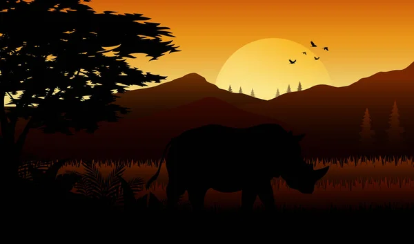 Illustration Silhouette Rhinos Savanah — Stock Vector