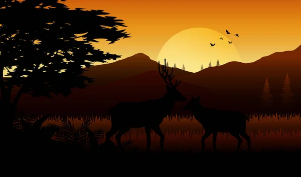 Illustration Cerfs Oiseaux Silhouette Coucher Soleil — Image vectorielle