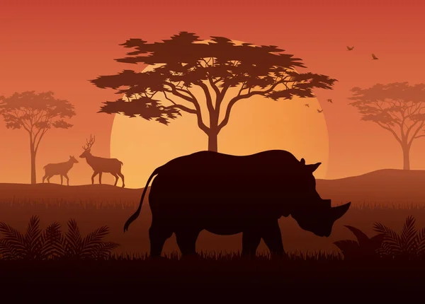 Ilustración Silueta Rinocerontes Savanah — Vector de stock