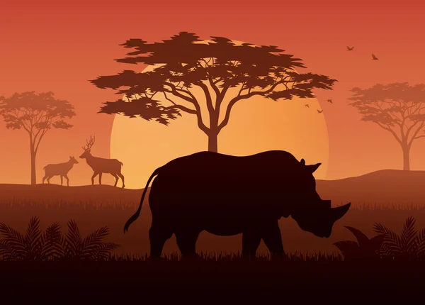 Illustration Silhouette Rhinocéros Savane — Image vectorielle