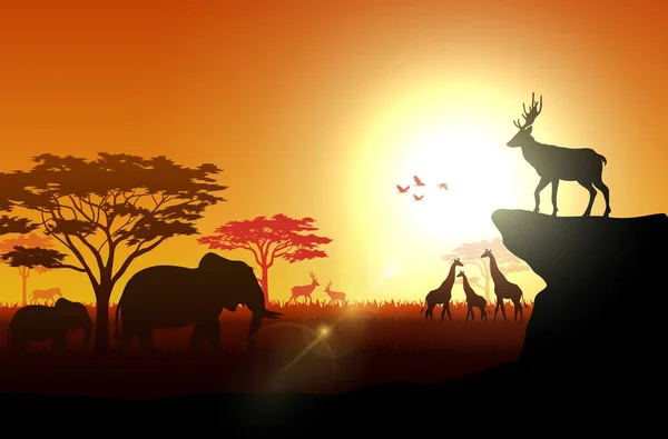 Illustrazione Animali Silhouette Sulle Savane Nel Pomeriggio — Vettoriale Stock