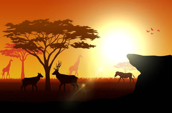 Illustration Des Animaux Silhouette Sur Les Savanes Dans Après Midi — Image vectorielle