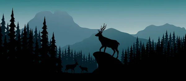 Illustratrion Silhouette Deer Hill Night — Stock Vector