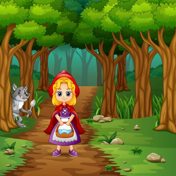 森林中的女孩戴头巾的红色和狼的例证 — 图库矢量图片