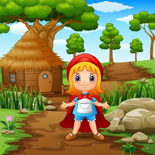 Illustration Fille Capuchon Rouge Sont Dans Village Forêt — Image vectorielle