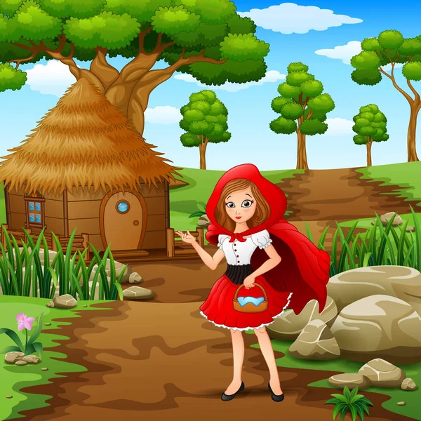 Illustration Fille Capuchon Rouge Sont Dans Village Forêt — Image vectorielle