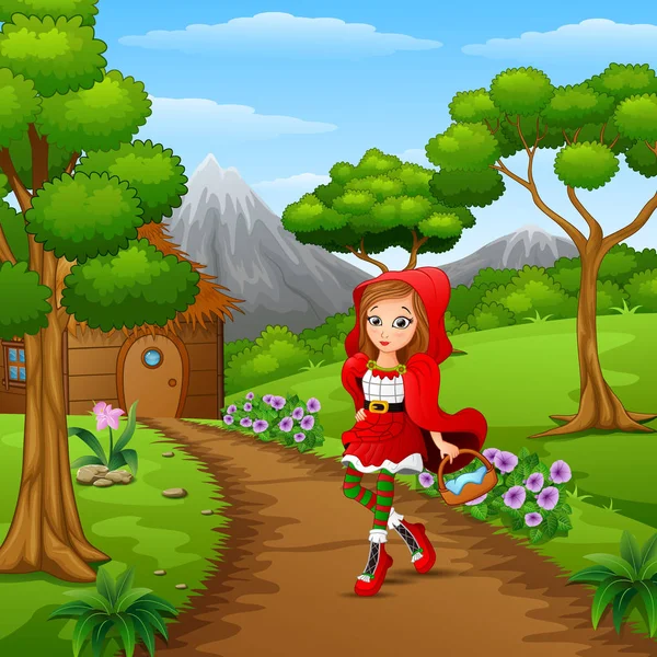 stock vector Illustration of red hooded girl are in the village at forest