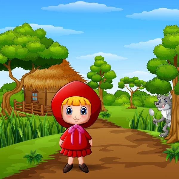 Ілюстрація Маленької Дівчинки Червоний Капюшоном Розвіданих Вовків — стоковий вектор