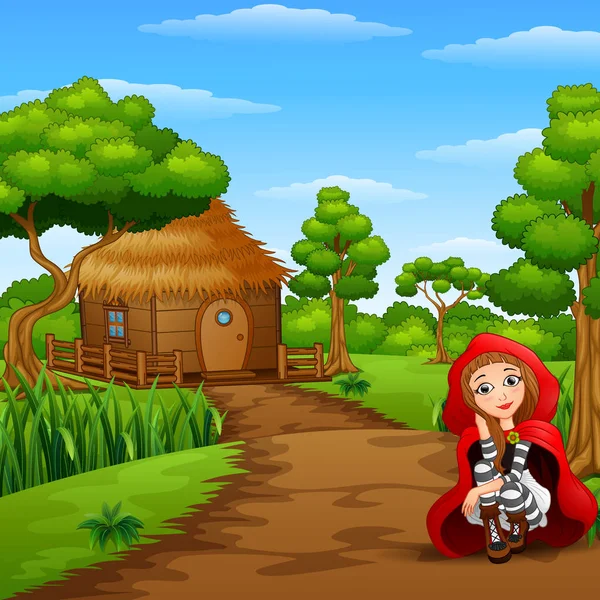 Εικονογράφηση Κόκκινο Κουκούλα Κορίτσι Είναι Στο Χωριό Στο Δάσος — Διανυσματικό Αρχείο