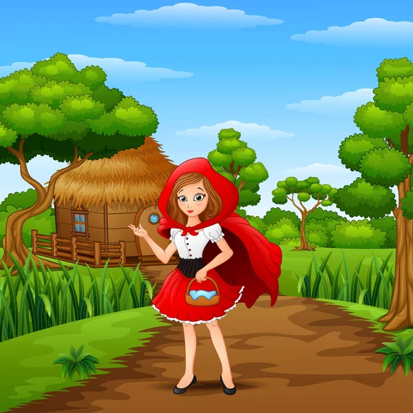 Illustration Red Hooded Girl Village Forest — Stock Vector
