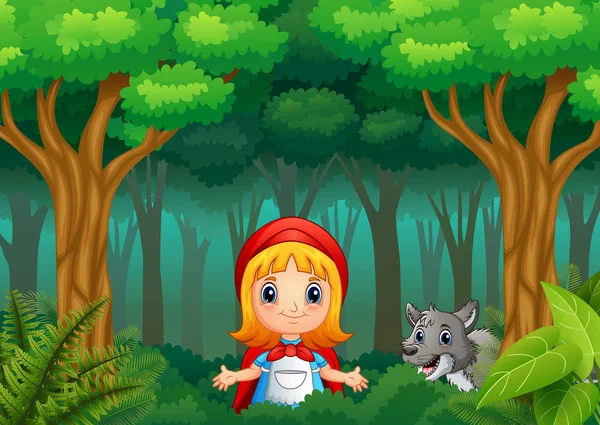 Иллюстрация Девушки Красном Капюшоне Лесу — стоковый вектор