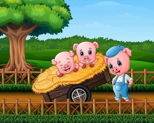 Illustration Three Little Pigs Cart — Stock Vector