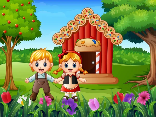 Illustration Von Hänsel Und Gretel Vor Dem Haus — Stockvektor