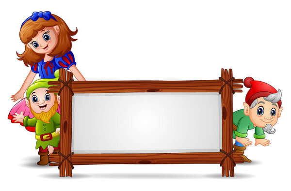 Illustration of snow white with dwarf and the blank sign