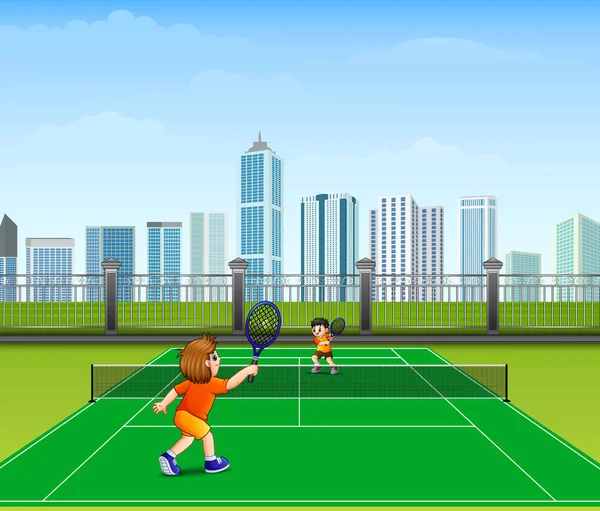 Vektorové Ilustrace Hrát Tenis Hřišti — Stockový vektor