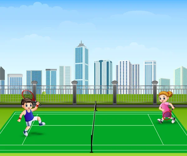 Vektor Illustration Von Kindern Beim Tennisspielen Freien — Stockvektor