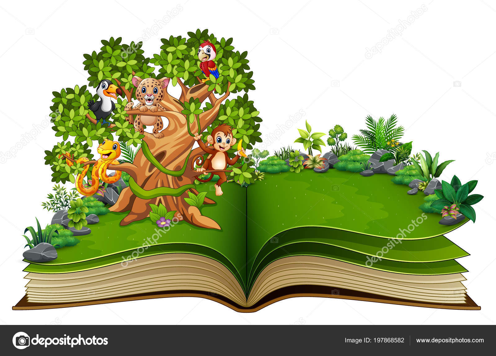 Векторная Иллюстрация Открытой Книги Карикатурой Животных Деревьях.